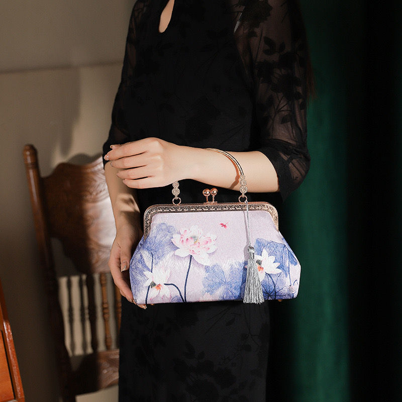 Thumbnail: Purple lotus print small square bag handbag, ancient style cheongsam banquet han