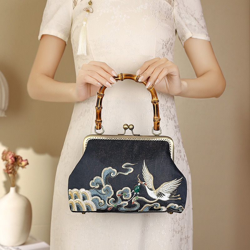 Thumbnail: Black embroidered handbag, ancient cheongsam banquet handbag, bamboo embroidered