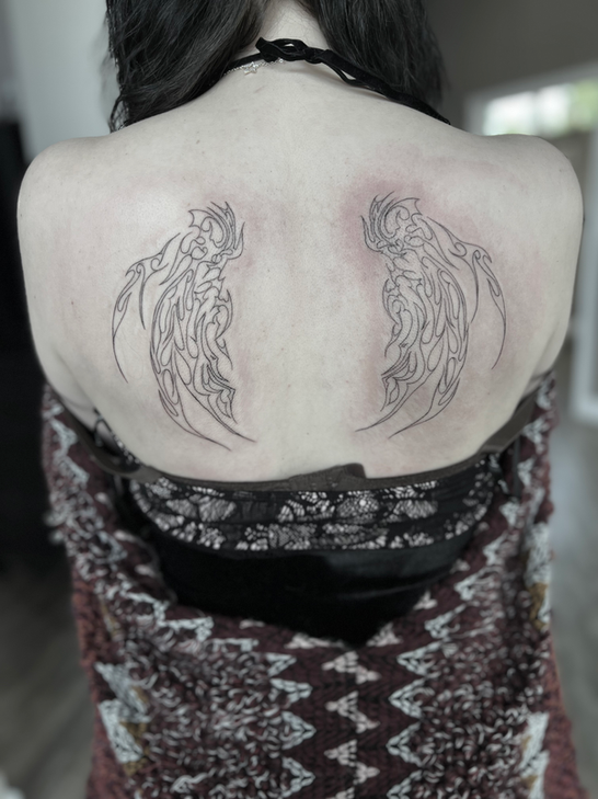 Autos ink fine line cyber sigilism tattoo back tattoo 
