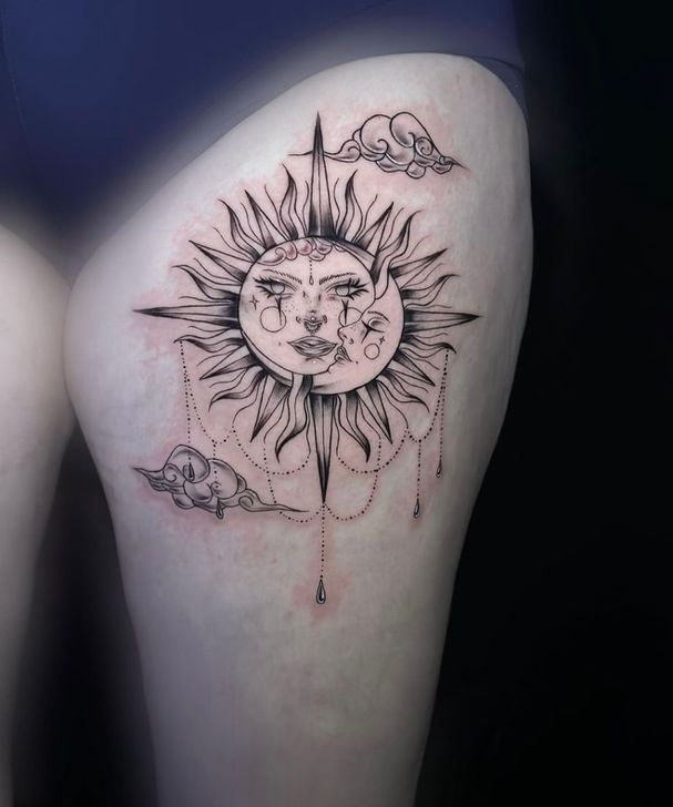 thigh piece sun and moon celestial tattoo, jewelry tattoo 