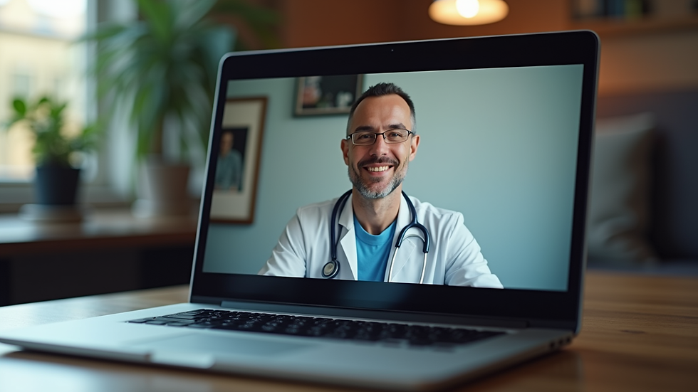Close-up view of a laptop screen showing a video call with a psychiatrist