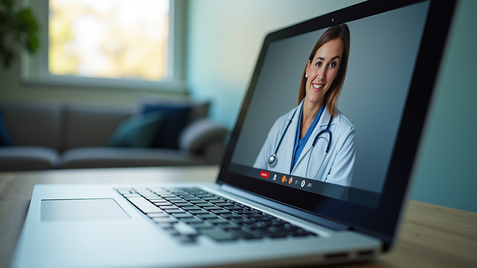 Close-up view of a laptop screen showing a telehealth video call interface