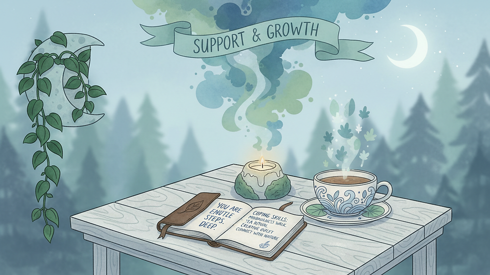 Eye-level view of a cozy corner with a journal, candle, and cup of tea