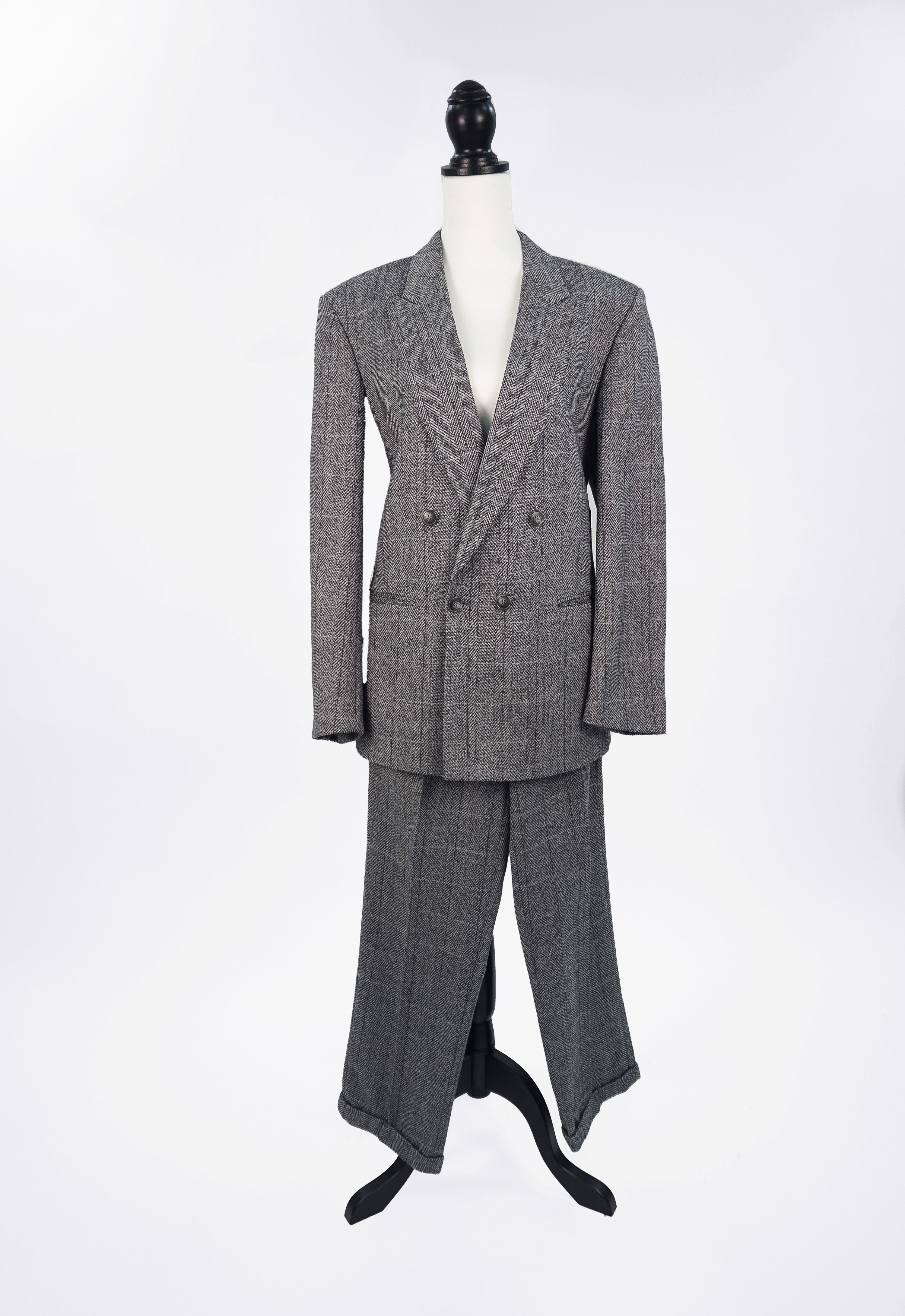 Open back "Moon" wool suit light grey herringbone check