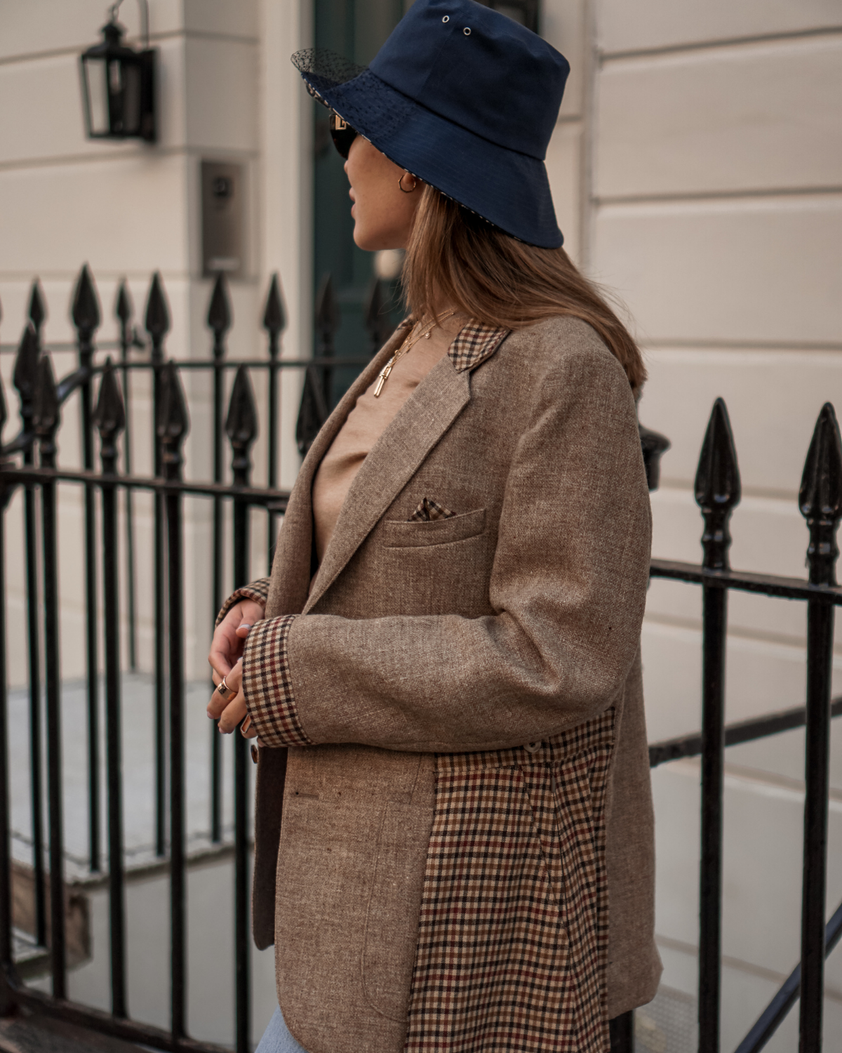 Blazer with check contrast details in brown