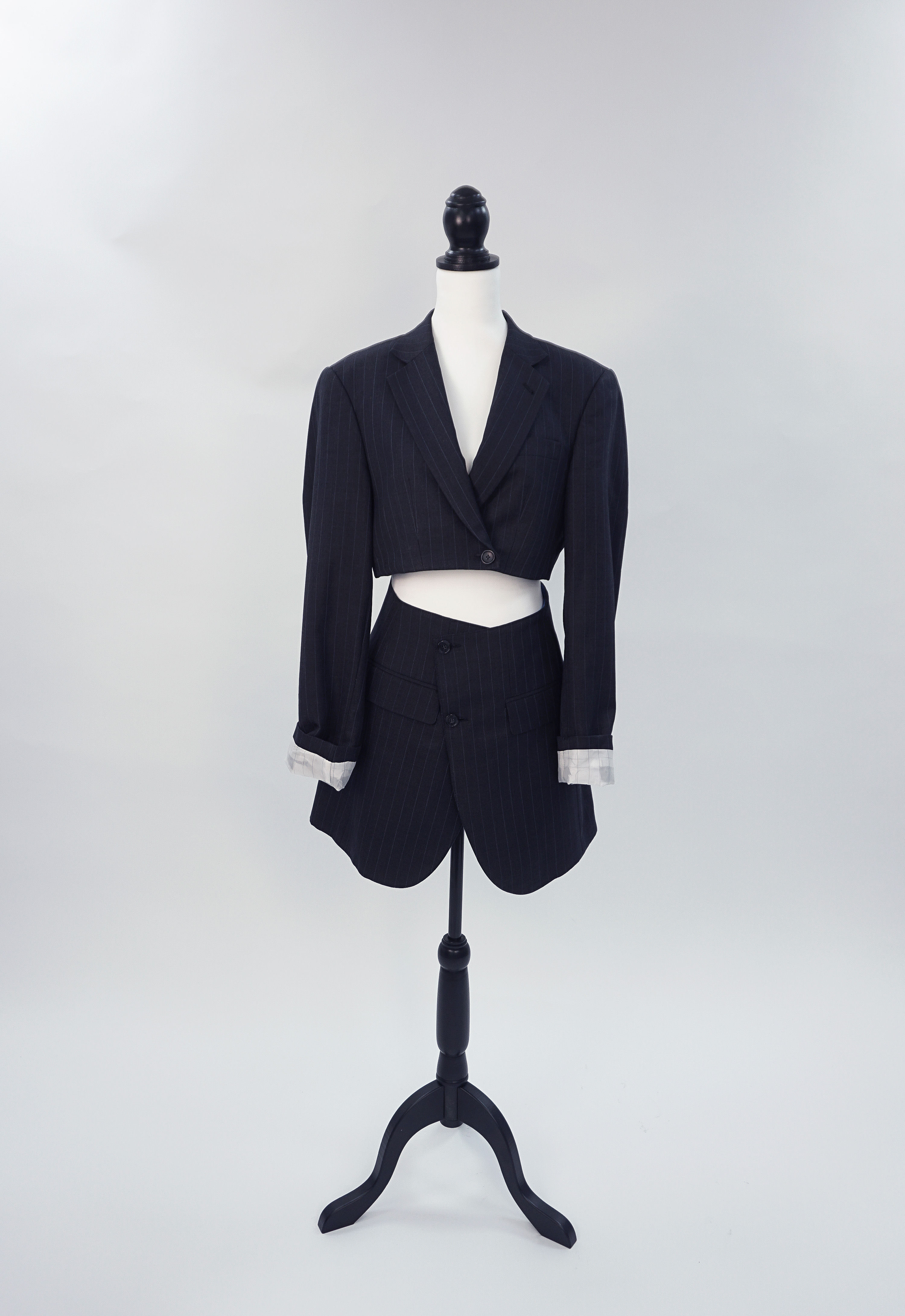 Crop Blazer Mini Skirt Suit in Dark Grey with Blue Pinstripes