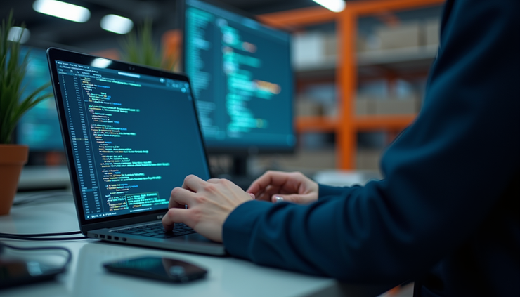 Close-up view of a technician configuring cybersecurity software on a laptop