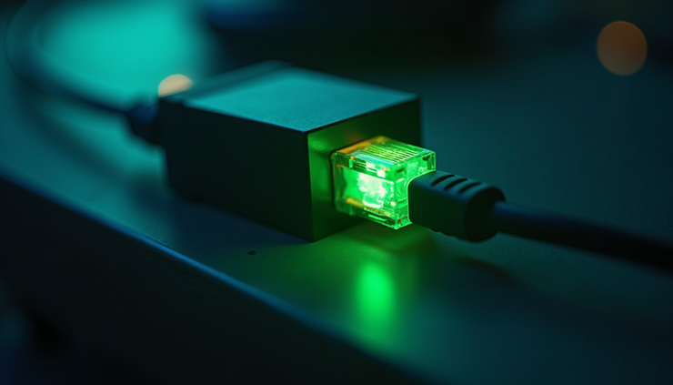 Close-up view of a certified Ethernet cable tester showing green lights