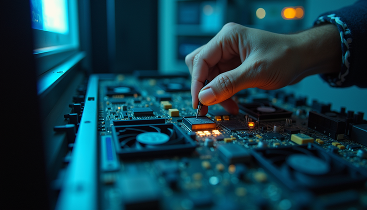 Close-up view of a technician performing hardware maintenance on a computer