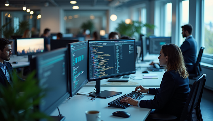 High angle view of a modern office workspace with multiple computers and IT equipment