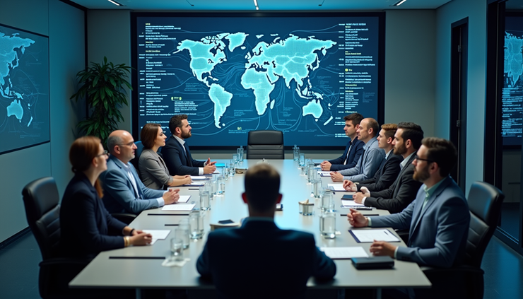 High angle view of a conference room with IT professionals discussing network diagrams