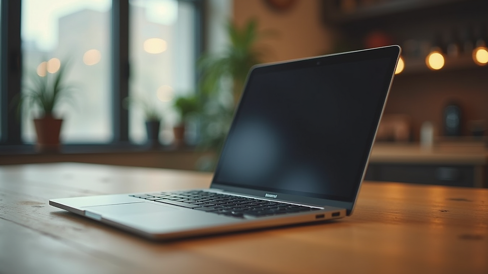 Eye-level view of a refurbished laptop on a wooden table