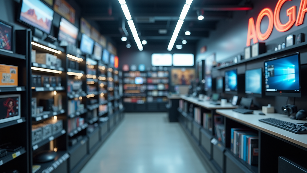Eye-level view of a local electronics store with various gadgets on display