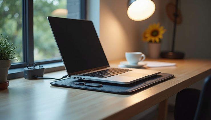 High angle view of a clean laptop workspace with a cooling pad