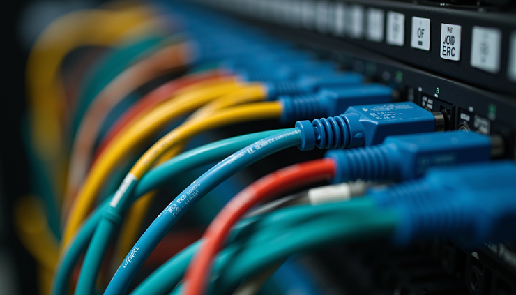 High angle view of a completed structured cabling rack with color-coded cables and labels