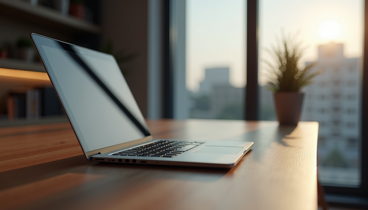 Eye-level view of a sleek refurbished laptop on a wooden desk