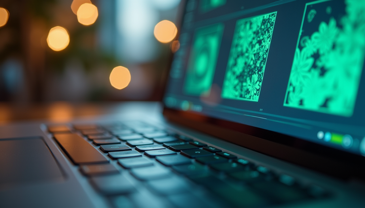 Close-up view of a laptop keyboard with eco-friendly symbols on the screen