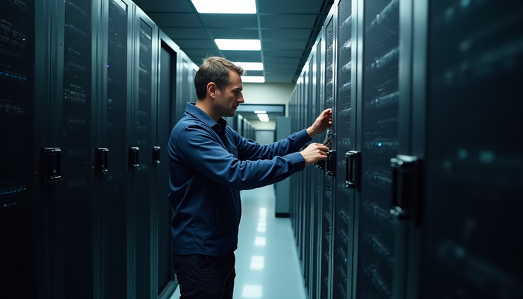 High angle view of a technician installing new network hardware in a data center