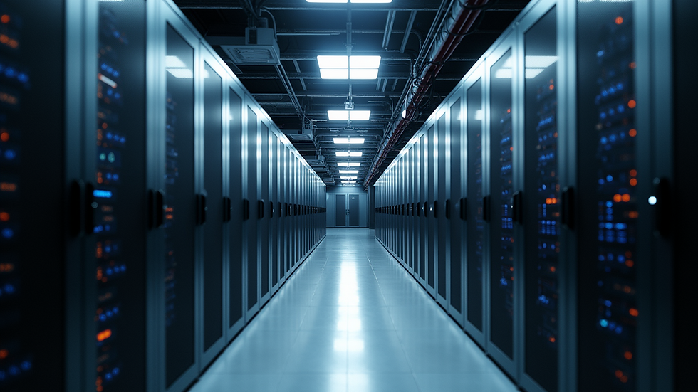 High angle view of a data center with rows of servers