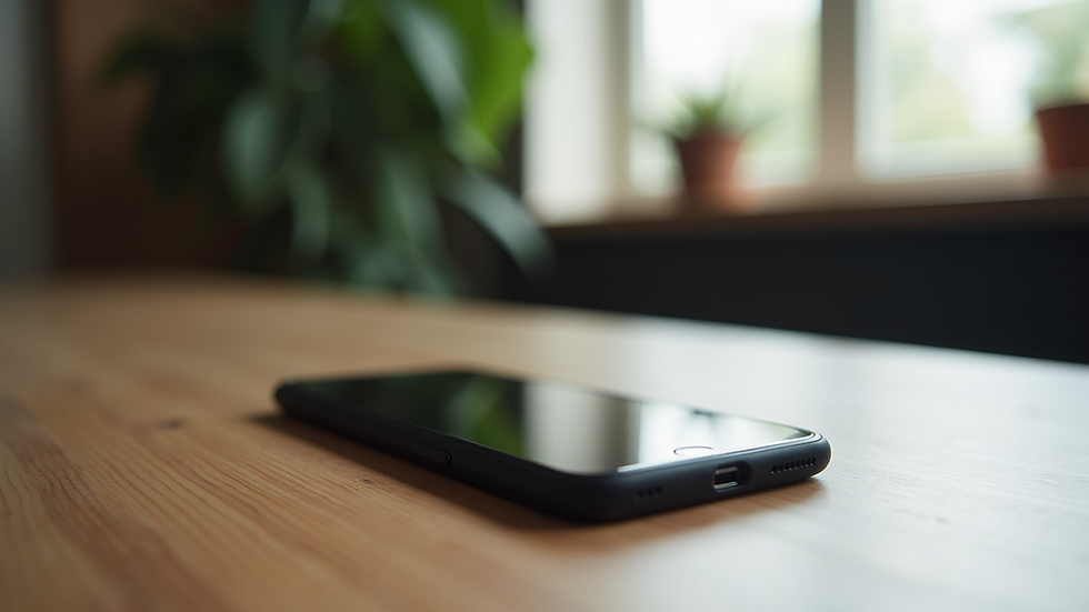 Eye-level view of a smartphone on a wooden table