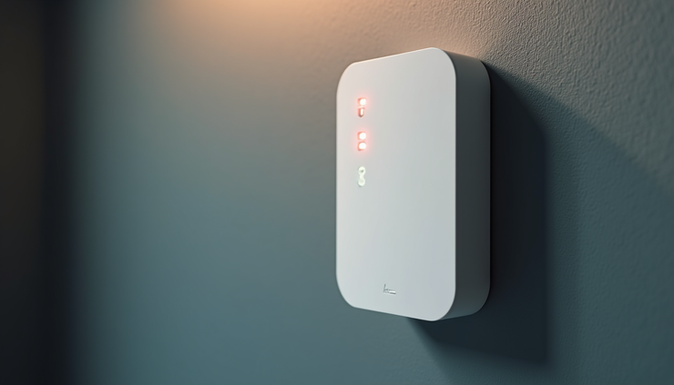 Close-up view of a wireless access point with LED indicators lit, mounted on a wall