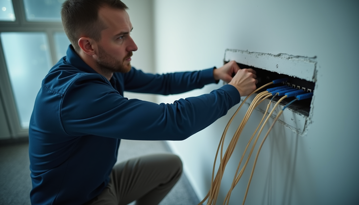 High angle view of a technician installing Ethernet cables inside a wall cavity