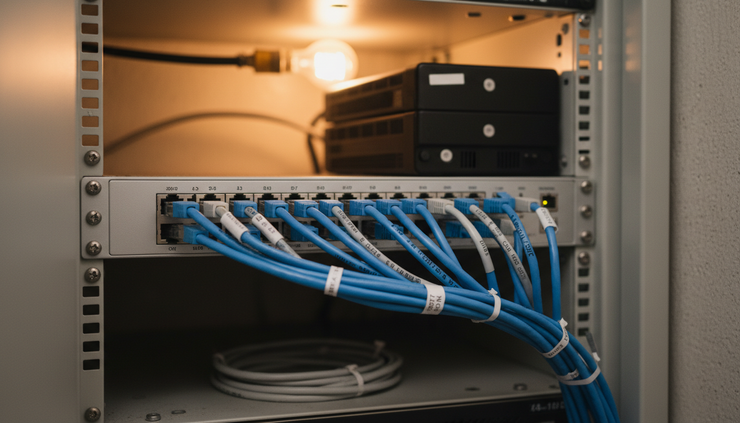 Close-up view of labeled Ethernet cables connected to a network switch.