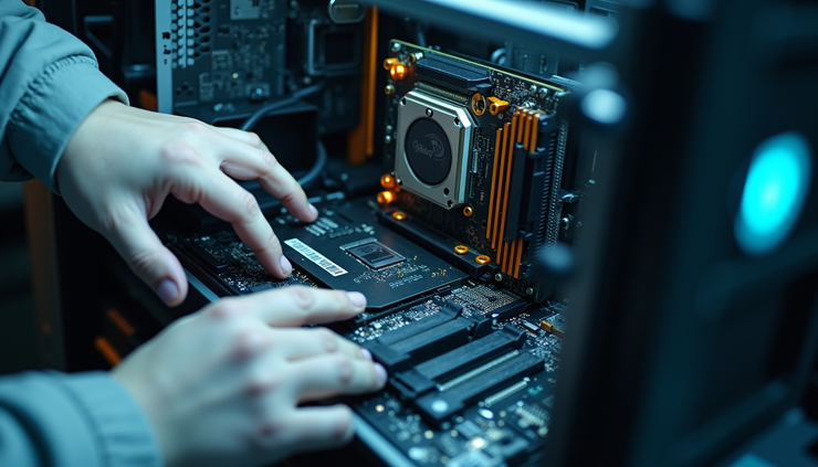 Close-up view of a technician inspecting a refurbished desktop computer