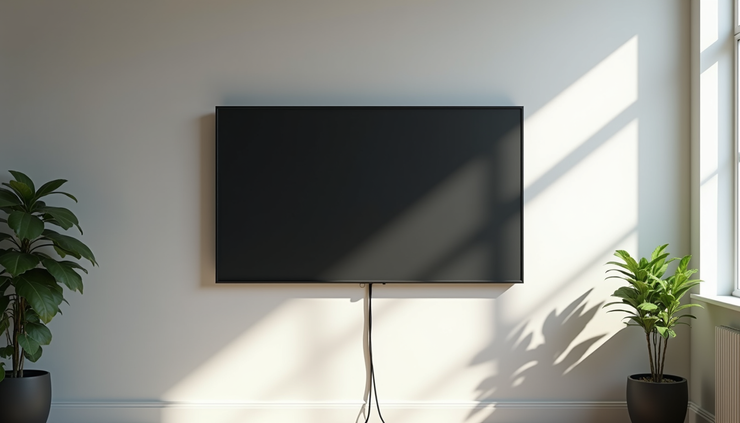 Wide angle view of a mounted TV with concealed cables in a bright office room