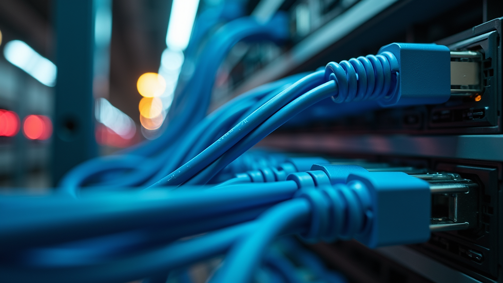 Close-up view of network cabling installation showcasing neatly organized wires
