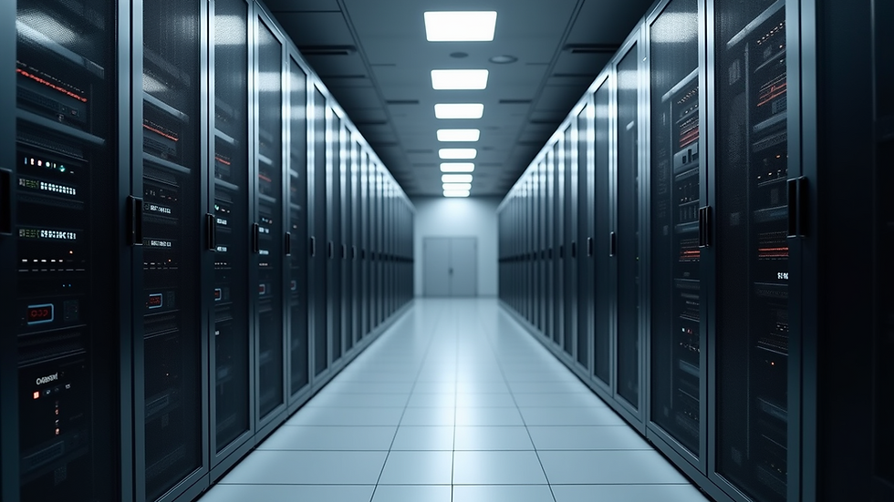 High angle view of a server room with organized equipment