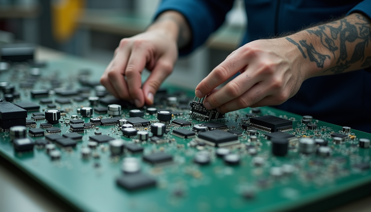 Eye-level view of a technician sorting electronic components for recycling