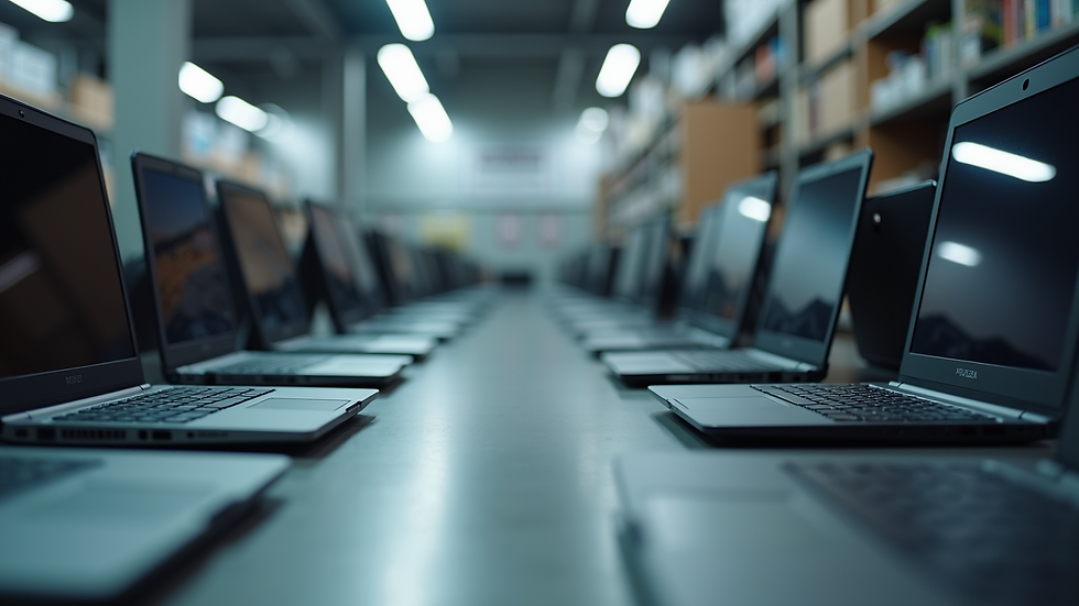 Eye-level view of a collection of refurbished laptops on display