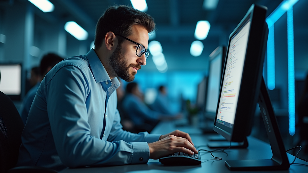 Eye-level view of a technician working on a computer