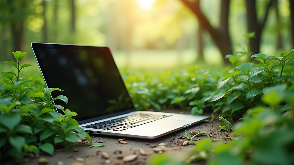 High angle view of a laptop surrounded by greenery
