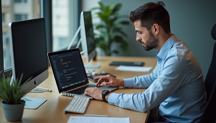High angle view of a technician working on a laptop at a client’s office desk