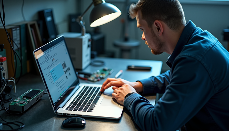 High angle view of a technician inspecting a refurbished laptop