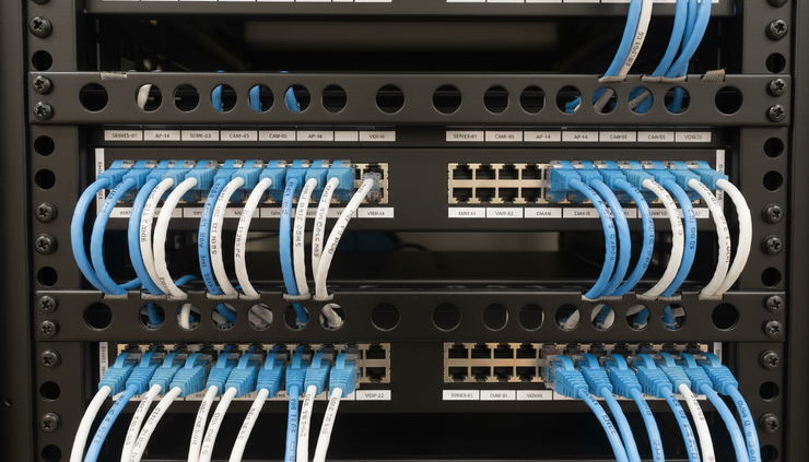 Close-up of labeled Ethernet cables connected to a patch panel in a low-voltage equipment room.