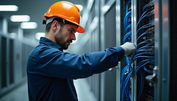 Eye-level view of a technician installing structured network cabling in a commercial building