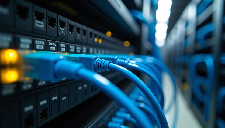 Eye-level view of a neatly organized Ethernet cabling setup in a server rack
