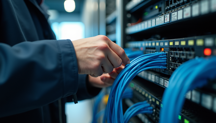 Close-up of technician installing network cables in a Goodyear office