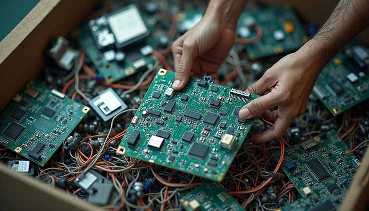 High angle view of separated electronic components ready for recycling