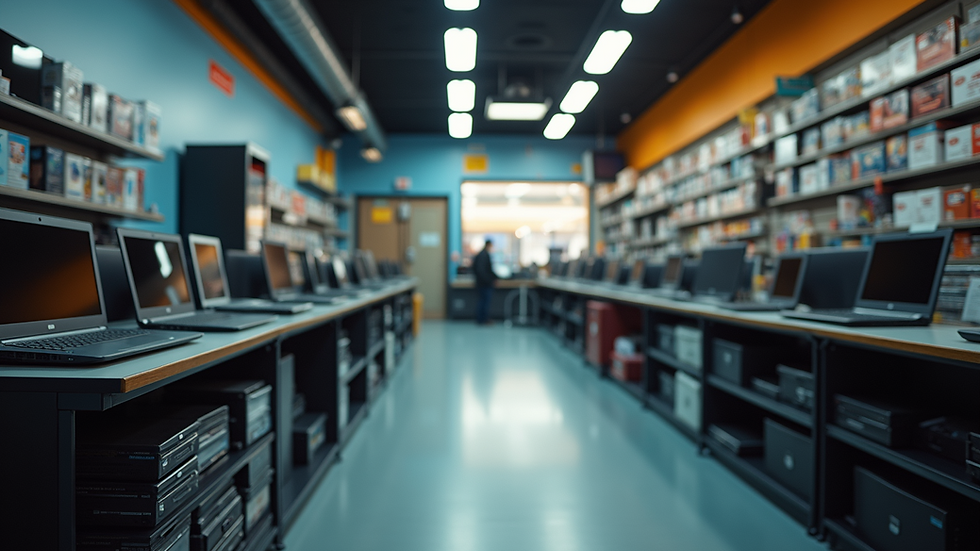 High angle view of a bustling electronics shop in Phoenix featuring refurbished laptops