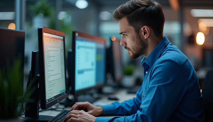 Close-up view of a technician repairing a desktop computer inside a workshop
