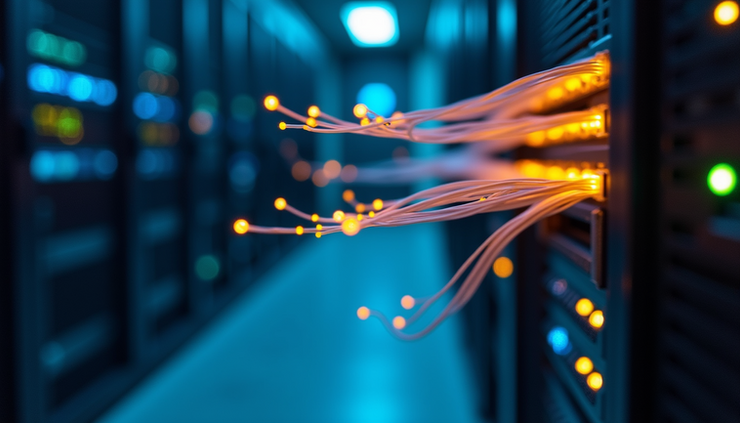 Eye-level view of fiber optic cables glowing inside a data center