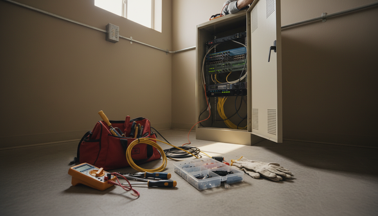 Low-angle view of a technician's toolkit beside a wall-mounted network cabinet.