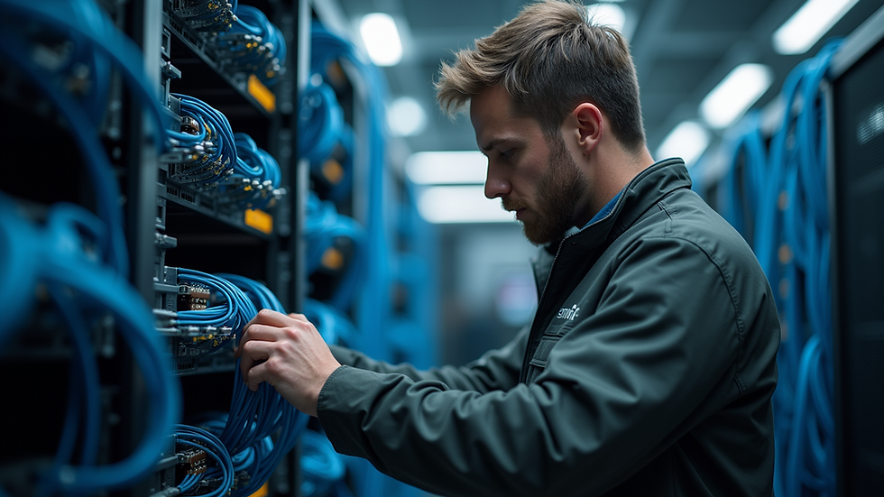 Eye-level view of a network cabling technician at work