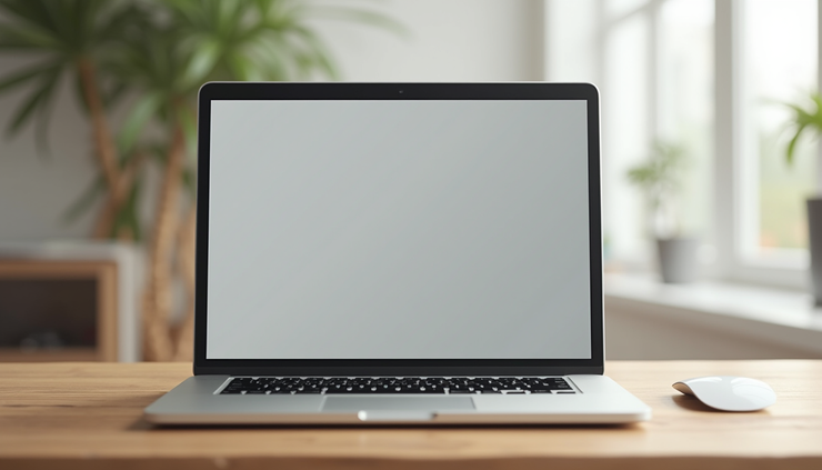 Eye-level view of a laptop on a wooden desk ready for sale