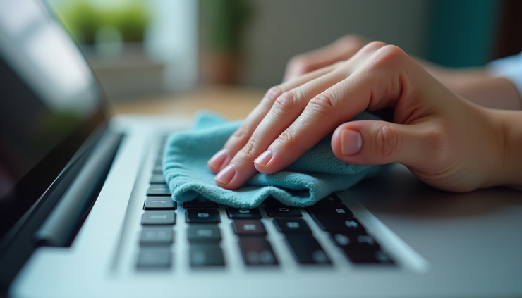 Close-up view of a person wiping a laptop keyboard with a microfiber cloth