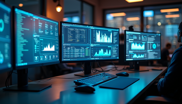 High angle view of a modern workspace with multiple monitors displaying IT system dashboards